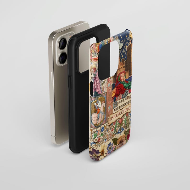 a phone case with a colorful, intricate design, including various patterns, illustrations, and text.