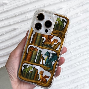 Bookish Dragon Bookshelf iPhone 16 Pro Max Case, Book Lover Reading Phone Cover for iPhone 15 with MagSafe Samsung S24 Ultra S25 S23
