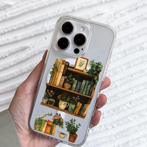 Floral Bookcase Art iPhone 16 Pro Max Case, Book Lover Gift Phone Cover for iPhone 15 with MagSafe, Cottagecore iPhone Case Samsung S24 S25