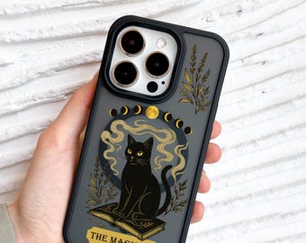 The Magician Tarot Phone Case, Gothic Cat MagSafe Phone Cover for iPhone 17 16 15 Pro Max, Witchy Book Design Samsung S24 FE S25 Ultra Pixel