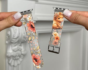 Highland Cow Apple Watch Band, Cute Floral Cattle Strap, Cottagecore Style