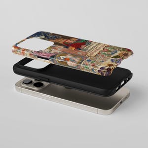 a colorful and intricate phone case with a detailed design, including various patterns and images.
