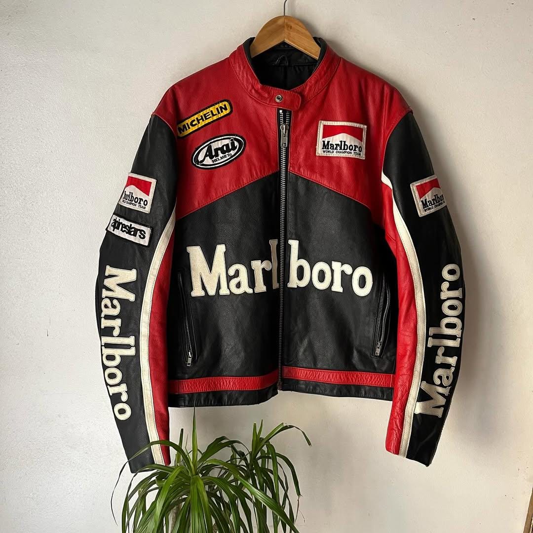Marlboro Black Cowhide Varsity Jacket Bomber Jacket Vintage