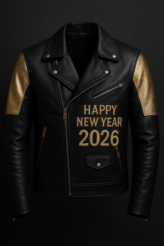 Black Gold Leather New Year Jacket: 2026 Party Biker Coat