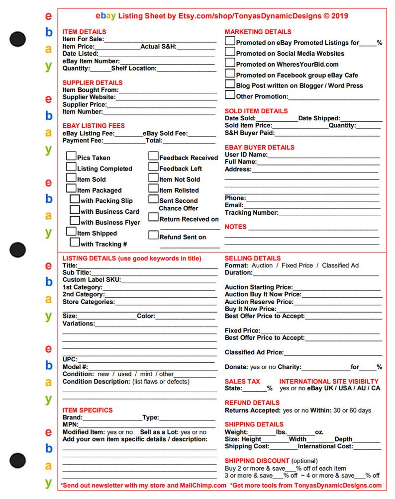 Ebay Products Listing Sheet 3 Versions Ebay Seller Form Etsy