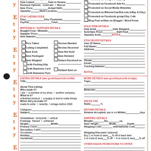May include: Etsy Listing Sheet by Etsy.com/shop/TonyasDynamicDesigns &copy; 2019. A printable checklist for Etsy sellers to help them create and manage their listings. The sheet includes sections for item details, marketing details, sold item details, Etsy buyer details, listing details, more details, sales tax, refund details, shipping details, and other sales promotions to offer.