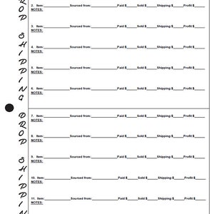 K&ouml;nnte beinhalten: Ein schwarz-wei&szlig;es, druckbares Drop-Shipping-Artikel-Einkaufsblatt mit dem Titel "Drop Shipping Item Purchasing Sheet by TonyasDynamicDesigns.com &copy; 2020". Das Blatt hat 12 Zeilen f&uuml;r die Auflistung von Artikeln, Quelle, bezahlt, verkauft, Versand und Gewinn.