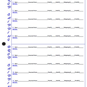 K&ouml;nnte beinhalten: Ein schwarz-wei&szlig;es, druckbares Drop-Shipping-Artikel-Einkaufsblatt mit den Worten "Drop Shipping Item Purchasing Sheet by TonyasDynamicDesigns.com &copy; 2020" oben. Das Blatt ist in 12 Abschnitte unterteilt, die jeweils die folgenden &Uuml;berschriften tragen: Artikel, Notizen, Bezugsquelle, Bezahlt, Verkauft, Versand und Gewinn.