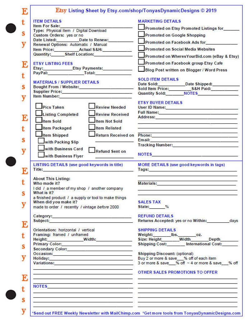 May include: Etsy listing sheet with sections for item details, marketing details, sold item details, Etsy buyer details, listing details, more details, sales tax, refund details, shipping details, and other sales promotions to offer. The sheet includes checkboxes, text fields, and drop-down menus for entering information about the listing.
