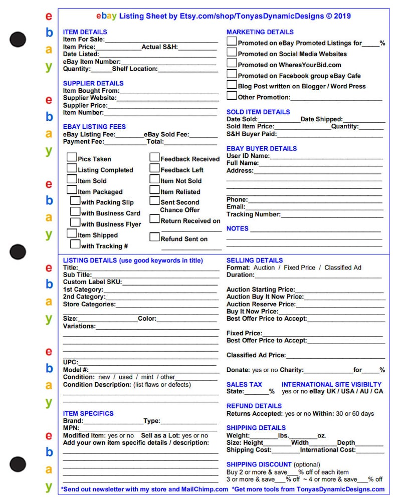 Ebay Products Listing Sheet 3 Versions Ebay Seller Form Etsy