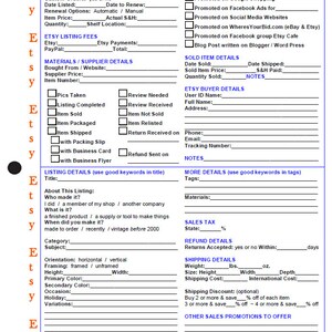 May include: Etsy Listing Sheet by Etsy.com/shop/TonyasDynamicDesigns &copy; 2019. A printable checklist for Etsy sellers to help with listing details, marketing, and shipping information. The sheet includes sections for item details, Etsy listing fees, materials and supplier details, listing details, more details, sales tax, refund details, shipping details, and other sales promotions to offer.