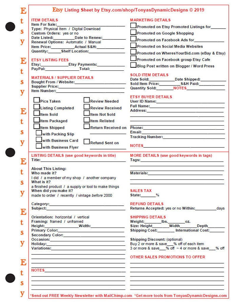 May include: A printable Etsy listing sheet with sections for item details, marketing details, sold item details, Etsy buyer details, listing details, more details, sales tax, refund details, shipping details, and other sales promotions to offer. The sheet includes checkboxes for various options, such as whether the item is a physical item or a digital download, whether custom orders are accepted, and whether the item is promoted on Etsy promoted listings, Google Shopping, Facebook ads, and other social media websites.