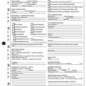 May include: Etsy Listing Sheet by TonyasDynamicDesigns. A printable checklist for Etsy sellers to help with listing details, marketing, and shipping information. The sheet includes sections for item details, materials, supplier details, listing details, more details, sales tax, refund details, shipping details, and other sales promotions to offer.