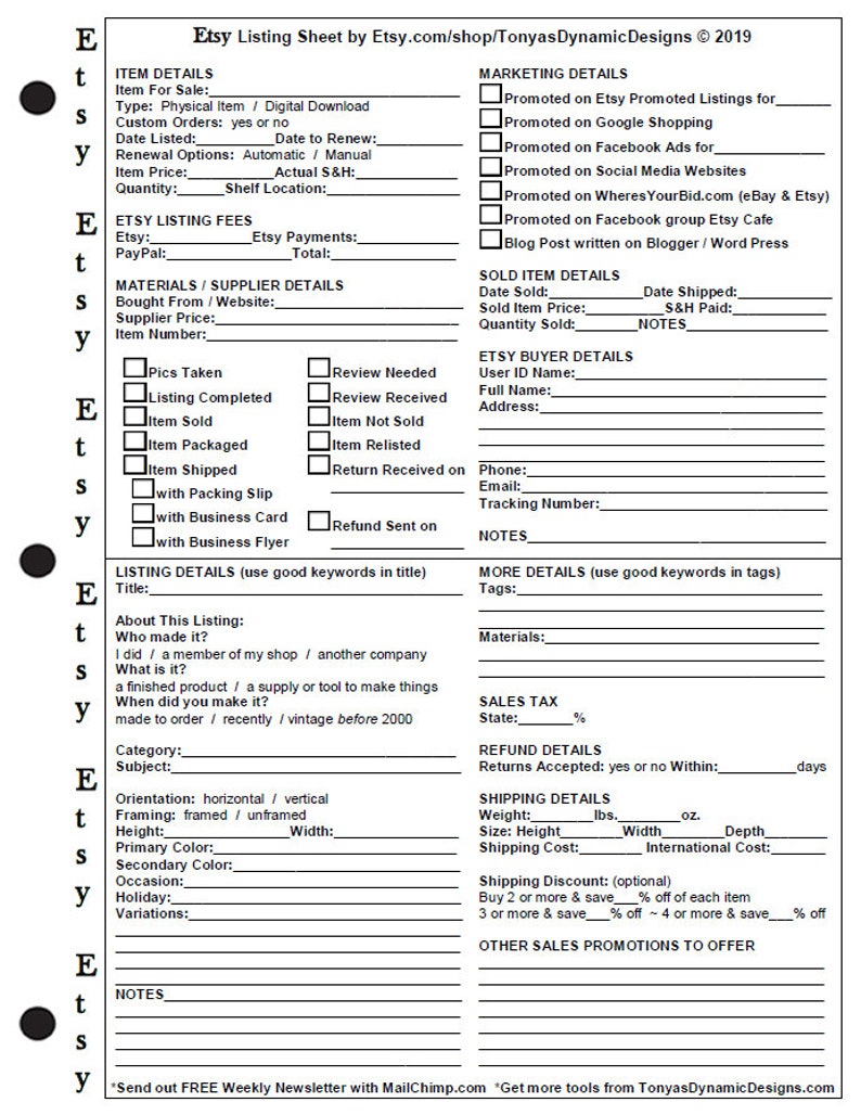 May include: Etsy Listing Sheet by TonyasDynamicDesigns. A printable checklist for Etsy sellers to help with listing details, marketing, and shipping information. The sheet includes sections for item details, materials, supplier details, listing details, more details, sales tax, refund details, shipping details, and other sales promotions to offer.