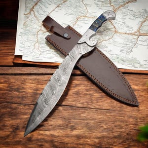 Damascus Machete Knife with leather Sheath, Bowie Knife, Machete Knife, Forged Knife, Anniversary Gift, Father&#39;s Day Gift, Gift for Him/Her
