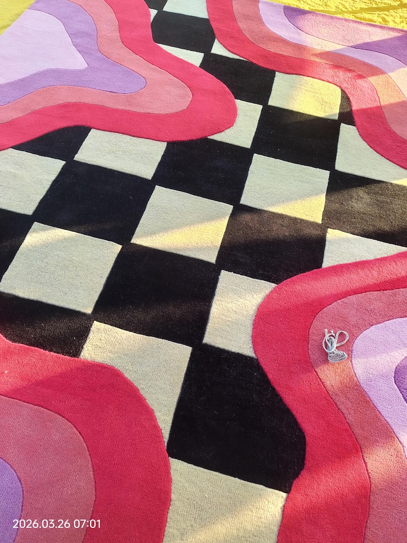 Wavy Checker Pattern Rug Hand Tufted Pink Wave Rug Contemporary Chekrbord Floor Decor Rug - Etsy