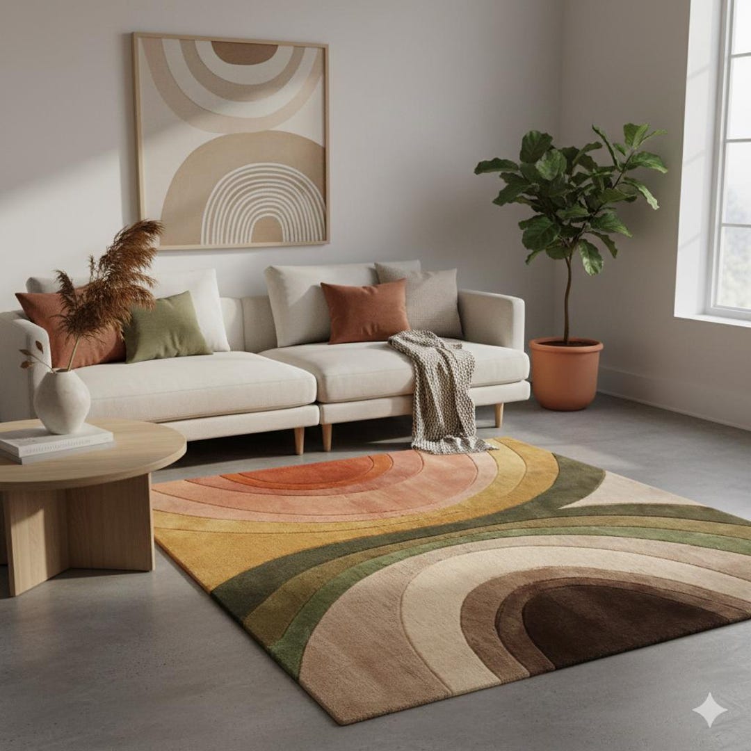 Arc Rug Modern Abstract Area Rug, Neutral Rainbow Arc Rug, Hand Tufted Wool ...