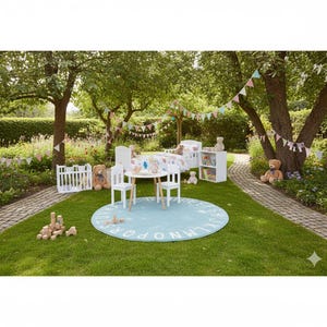 Könnte beinhalten: Ein Kinderspielplatz im Freien mit einem weißen Tisch und Stühlen auf einem blauen Teppich mit Alphabet. Ein weißes Kinderbett, Bett und Bücherregal sind ebenfalls vorhanden, zusammen mit Teddybären und Holzblöcken. Bunte Wimpelketten hängen an den Bäumen.