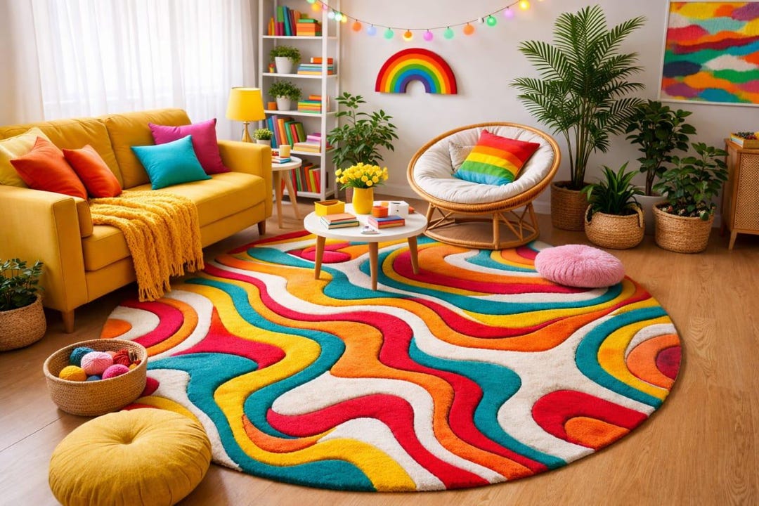 Colorful Wavy Round Rug Hand Tufted Modern Carpet Rainbow Area Rug for ...