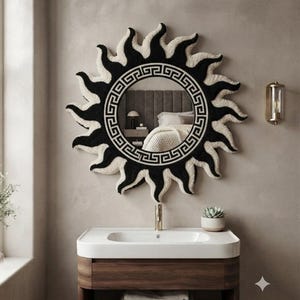 Luxury Black & Ivory Sunburst Tufted Mirror Rug | Greek Key Wall Mirror Frame | Hand Tufted Wool Wall Decor | Modern Luxury Art
