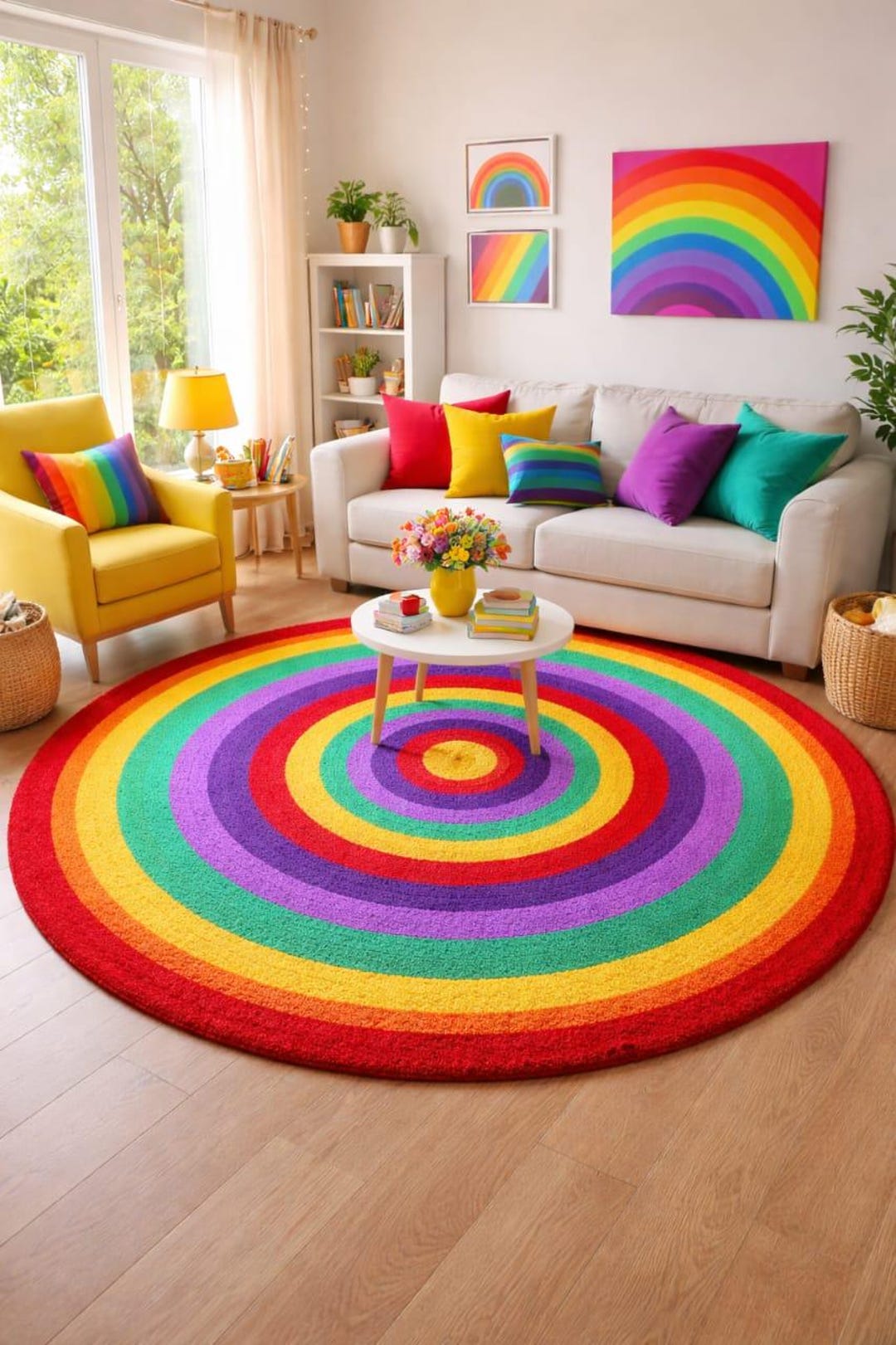 Rainbow Round Rug, Colorful Circle Area Rug, Handmade Kids Room Rug ...