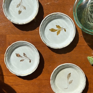 May include: Four small, round, light blue ceramic dishes with gold leaf designs and gold rims are arranged on a wooden surface. A glass bowl is visible in the background, along with some greenery.