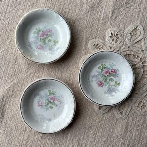 May include: Three small, round, white porcelain dishes with a floral design in pink, green, and blue. Each dish has a gold rim and a slightly textured surface. The dishes are arranged on a neutral-colored fabric.