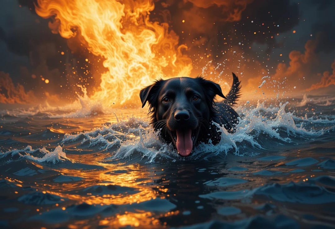 Heroic Rescue Dog Wall Art – German Shepherd in Fire & Water Scene | 3D ...