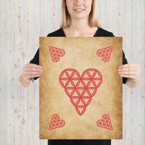 May include: A poster featuring a large red heart composed of overlapping flower of life patterns, with three smaller hearts in the corners. The background has a vintage, aged paper texture.