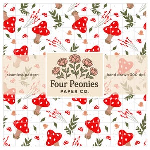 May include: A seamless pattern featuring red mushrooms with white spots, small red berries, green leaves, and small snails on a white grid background. The text "Four Peonies PAPER CO." is displayed in a logo with pink flowers.