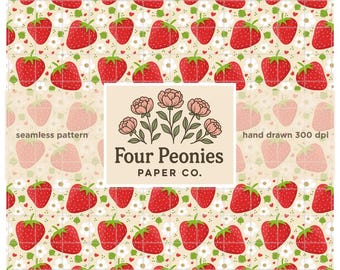 Fresas con fondo amarillo, patrón sin costuras dibujado a mano, PNG, descarga instantánea, diseño repetitivo de verano