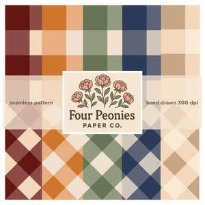 May include: A digital seamless pattern with a plaid design in burgundy, orange, green, and navy blue. The image includes the text "Four Peonies Paper Co." and "seamless pattern" and "hand drawn 300 dpi".