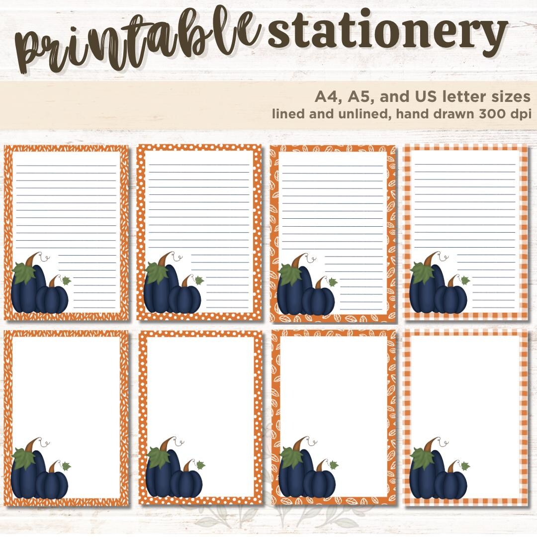 Navy Pumpkin Stationery Set, Hand Drawn Instant Printable, Four Styles