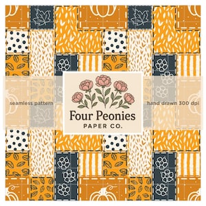 Orange and Navy Fall Quilt Hand Drawn Seamless Pattern Instant Download PNG. Pumpkins, Leaves, and Flowers Autumn Repeating Design.