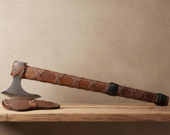 Earl Hand Forged Viking Ragnar Axe Leather Wrapped: Norse Gift with Sheath