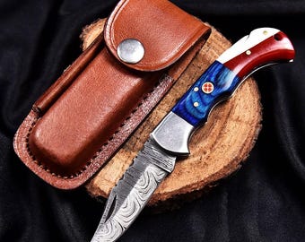 Handcrafted Damascus Steel Folding Knife, Exotic Handle, Leather Sheath, Collector Outdoor Tool