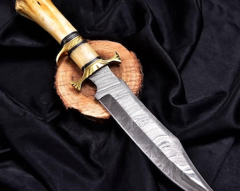 Handcrafted Damascus Steel Knife, Antler Bone Handle, Brass Guard – Outdoor Adventurer Collector