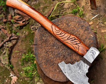 Hand-Forged Damascus Steel Viking Axe, Carved Wooden Handle, Collector's Display Tool