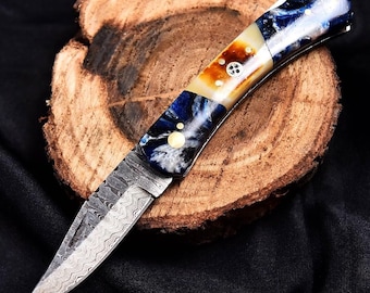 Unique Custom Handmade Damascus Steel Pocket Knife with Resin Handle, Folding Blade, Camping EDC Gear, Perfect Gift for Him