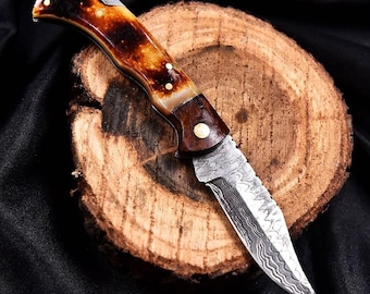 Hand-Forged Damascus Steel Folding Knife, Rich Bone Handle, Outdoor Utility Tool