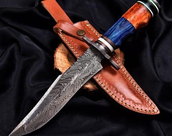 Handmade Damascus Steel Knife, Colorful Resin Handle, Leather Sheath, Outdoor Lifestyle Tool