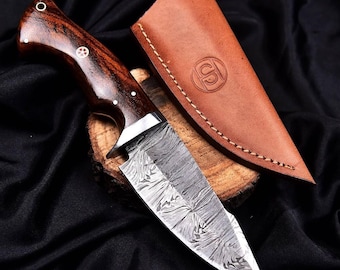 Handcrafted Damascus Steel Knife with Carved Wood Handle and Leather Sheath