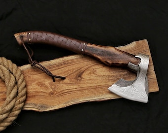 Handcrafted Viking Axe – Engraved Steel Blade, Ash Wood Handle, Leather Grip