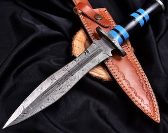 Handcrafted Damascus Steel Bowie Knife – Artistic Blade, Leather Sheath, Rustic Elegance