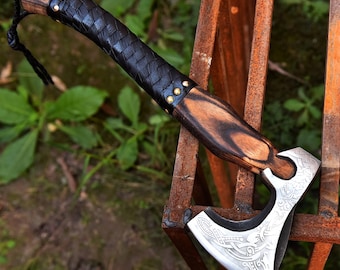 Norse Engraved Viking Axe, Stainless Steel Head, Ash Wood Handle, Leather Grip