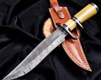 Handcrafted Damascus Steel Bowie Knife with Brass Guard, Leather Sheath – Outdoor Adventure Collection
