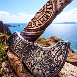 Hand-Forged Norse Viking Axe: High Carbon Steel, Ash Wood Handle, Leather Sheath