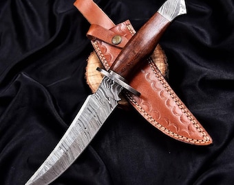 Handcrafted Damascus Steel Outdoor Knife, Ergonomic Wooden Handle, Leather Sheath