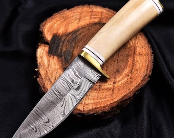 Handcrafted Damascus Steel Knife – Bone Handle, Brass Guard, Outdoor Lifestyle Tool