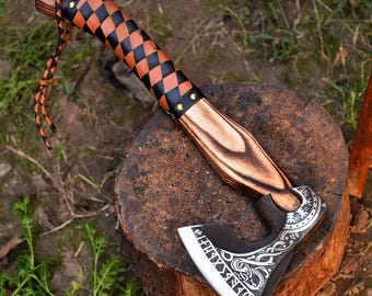 Handcrafted Viking Axe – Dragon Engraved Carbon Steel, Leather Handle, Collector's Item